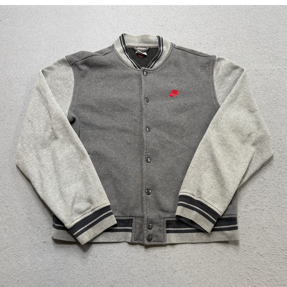 Y2K Nike Jacket Men's Medium Gray Silver‎ Tag Varsity Bomber Fleece Snap Front